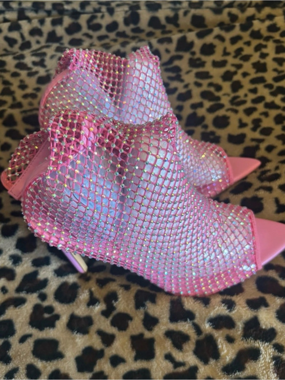 Gorgeous Pink Rhinestone Mesh Peep-Toe Stiletto Booties - Picture 8 of 9